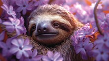 A Close Up Of A Sloth In A Tree With Purple Flowers On It's Back And A Smile On Its Face.