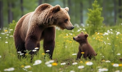 mother Grizzly Bear and baby Grizzly Bear in flower meadow, generative ai