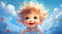 Joyful Beautiful Baby With Big Eyes Drawn In Cartoon Style On A Bright Festive Background With Balloons