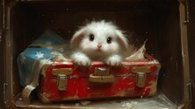 A Painting Of A White Cat Sitting In A Red Suitcase With A Blue And White Blanket On Top Of It.