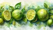 a painting of a group of limes with green leaves and watercolor splashes on a light green background.