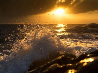 Wall Mural - Waves crushing on the shore at sunset. Dramatic light landscape wallpaper of the rocky coast of the sea.