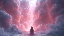 A Woman Standing In The Middle Of A Large Body Of Water Surrounded By Clouds And A Bright Light At The End Of The Tunnel.