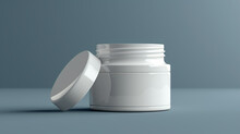A Blank White Eye Cream Jar On A Solid Gray Background, With A Lid And A Cream Effect. 