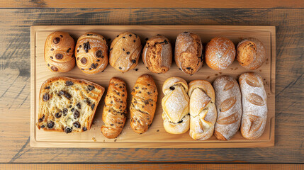 Poster - Assorted pastry and bread arranged on tray selling at bakery shop.