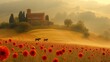 two horses graze in a field of red flowers in front of an old farmhouse in the countryside of italy.