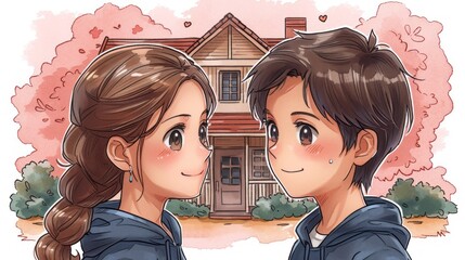 Sticker - a drawing of two people facing each other in front of a house with trees and bushes in front of them.