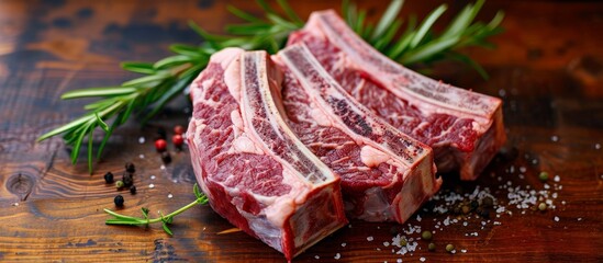 Poster - Bone-in rib steak made of uncooked beef displayed on a wooden surface.