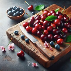 Wall Mural - Ripe fresh cherry berries on a wooden cutting board. Copy space