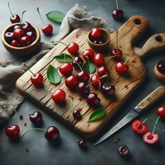 Wall Mural - Ripe fresh cherry berries on a wooden cutting board. Copy space