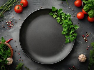 Copy space top view mockup of food photo with empty black plate and spices.Generative AI