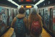 Two lovers wait for their train in a bustling subway station, their hands tightly intertwined as they brave the chaos of public transport in their stylish jackets