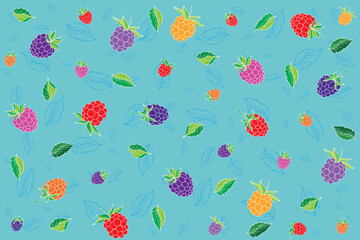 Sticker - Illustration, pattern of raspberry with leaf on soft green background.