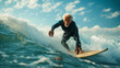 Grandpa surfing the waves on a surfboard while on vacation. Retired but still having fun concept.