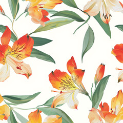 Wall Mural - Vector seamless pattern with orange or Peruvian Lily flowers. Floral background, wallpaper.