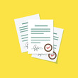© Тима Рябец - Vector illustration of a stack of contract documents on a yellow background with signatures and seals. Legal documents of contracts, concept of working with business papers in business and life.