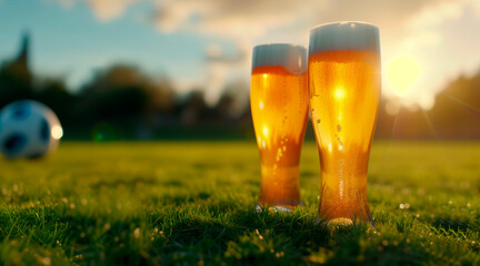 two beer glasses standing on the grass of the pitch with a ball in the background, a beer advertisin