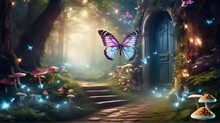 Fantasy Enchanted Fairy Tale Forest With Magical Opening Secret Door And Stairs Leading To Mystical Shine Light Outside The Gate, Mushrooms And Flying Fairytale Magic Butterflies In Woods