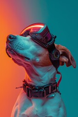 dog with vr headset isolated on gradient background. cybernetic technology, robot. future tech, scie