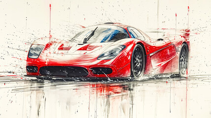 Wall Mural - Red sport car on the road. Digital painting. 3d rendering. 