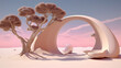 tree and arch on sky in a deserted landscape, in the style of futuristic psychedelia, pink and beige, indoor still life