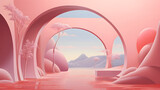 Fototapeta Perspektywa 3d - arched tunnel 3d landscape, in the style of dreamy surrealist compositions, light pink, surreal still life compositions, interior scenes, trompe l’oeil, vibrant colorscape