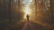 healthy lifestyle, a person jogging on a misty forest trail at dawn, solitude and endurance,