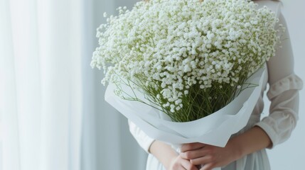 Wall Mural - A person holding a large, beautiful bouquet of white baby's breath flowers wrapped in paper, generative ai