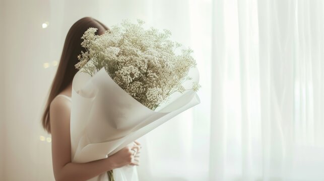 A person is holding a large bouquet of white flowers, standing near a sheer-curtained window, generative ai