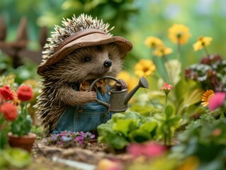 Close-up shot of a hyper-realistic hedgehog gardener in a lush garden. Detailed fur and quill patterns, vibrant flowers, and arranged rows of vegetables