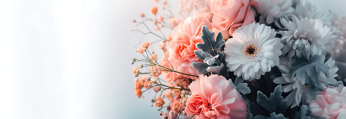 a pink and white bouquet is placed on a white backgro