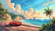 Summer car on road and sea landscape.
