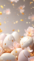 Wall Mural - White Easter eggs with gold details and flowers and shimmering golden lights. Easter greeting card background with copy space, phone wallpaper, stories backdrop
