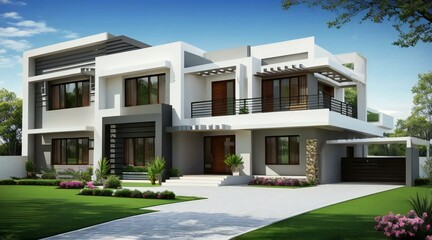 3d house model rendering on white background, Clean and precise 3D illustration modern cozy house. Concept for real estate or property.