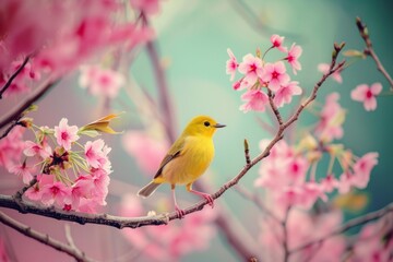 Wall Mural - small yellow bird perched on blossoming cherry tree Generative AI