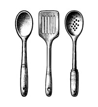 Kitchen Utensils. Vector Hand Drawn Rustic Wooden Kitchenware Set Of Spoon, Dotted Spoon And Spatula. Elements For Your Logo, Advertisement, Menu, Cafe, Banner Or Flyers. 