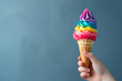 Hand holding rainbow ice cream. Closeup shot of rainbow ice cream dessert with space for text. Ice cream in waffle cone in a hand with the LGBT Flag colors. Pride month, summer and pride concept