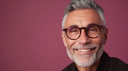 Wall Mural - Smiling man with gray hair and glasses wearing a dark shirt against a pink background.