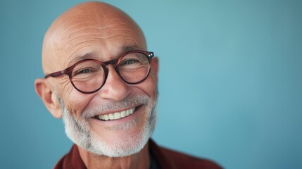 Wall Mural - Bald man with glasses white beard and a warm smile against a blue background.