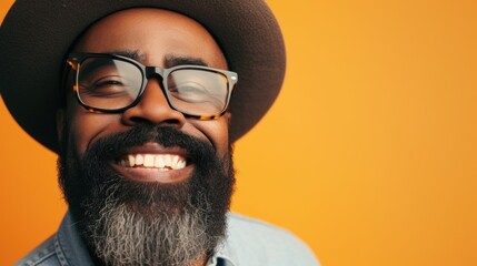 Wall Mural - A man with a beard and mustache wearing glasses and a hat smiling against an orange background.