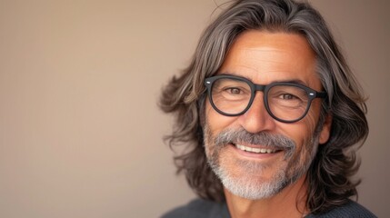 Wall Mural - A man with a gray beard and hair wearing black glasses smiling at the camera with a warm and friendly expression.