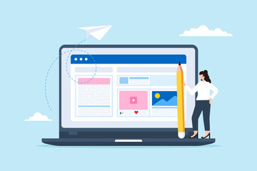 Creative woman holding pencil and creating content on website