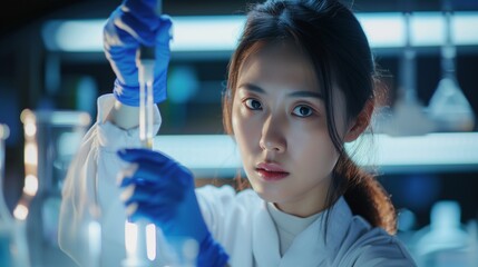 In the dedicated space of a research lab, an Asian female scientist, clad in gloves, meticulously holds a test tube containing a solution 