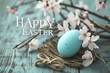 a card with a blue easter egg on a rustic wooden background Generative AI