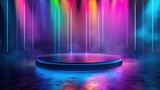 Fototapeta Panele - Vibrant stage with rainbow lights, dark floor, and mesmerizing arrangement. Captivating display of vibrant hues in a hyper-realistic, sharp-focus aesthetic