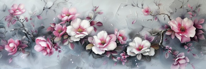 Wall Mural - The Painting Evokes White and Pink Flowers in Airbrush Art, Light Purple and Light Gray with Touches of Dark Pink and Gray