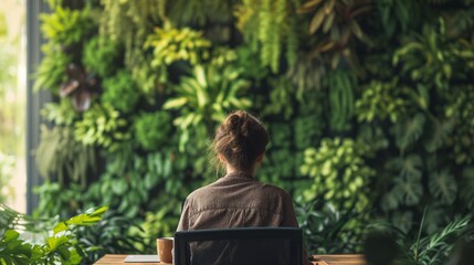 A tranquil office setting where an individual is seated at a minimalist desk, gazing at a vibrant green living wall, symbolizing a focus on employee mental health and eco-friendly workplaces.