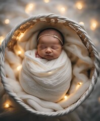 newborn photo wrapped in a white silk blanket in a basket with decorative lights
