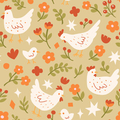 Wall Mural - cute seamless pattern with chickens and floral elements. vector illustration with cartoon drawings f
