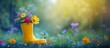 Yellow rubber boot with spring flowers inside and butterflies around on blurred nature spring background, concept of the arrival and celebration of spring, banner with copyspace